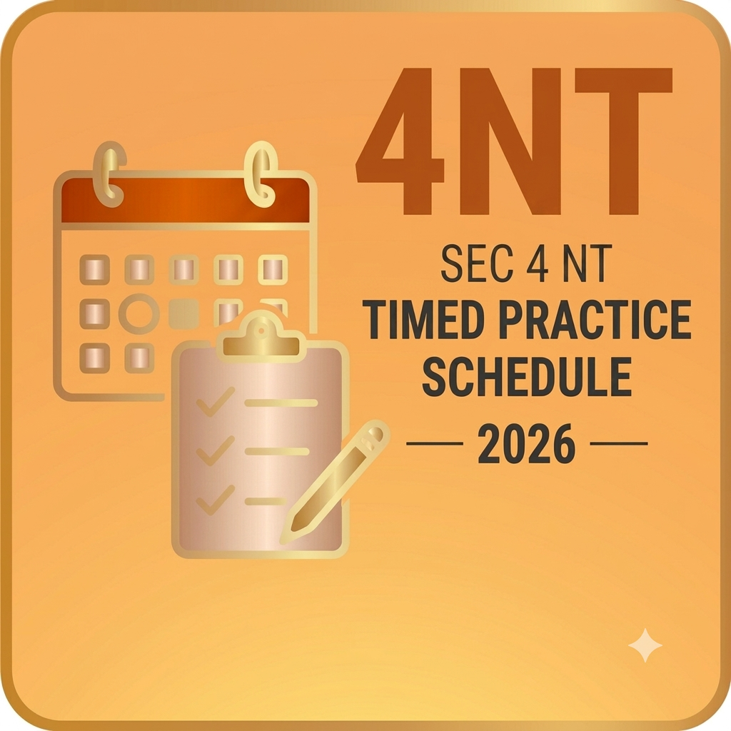 An icon-style graphic with orange and gold elements on a peach-colored gradient background, inside a rounded square frame with a gold outline. Large orange text at the top reads "4NT". Below it, text reads "SEC 4 NT / TIMED PRACTICE / SCHEDULE / - 2026 -". In the upper left is an icon of a gold spiral-bound calendar. Below the calendar is an icon of a gold clipboard with three checkmarks and a gold pencil. A small sparkle icon is in the lower right corner.